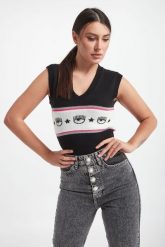 Top damski dzianinowy CHIARA FERRAGNI. Topy Chiara Ferragni, xs, bez wzorów, z dzianiny, bez kołnierzyka, bez ramiączek. W wyprzedaży za 541.17 zł.