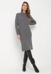 Ciemnoszara Wełniana Sukienka z Kapturem w Prążki Tyrwe. Szare sukienki Born2be, na co dzień, bez wzorów, z jeansu, eleganckie, bez kołnierzyka, bez ramiączek, midi, proste. Za 109.99 zł.