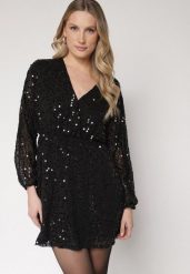 Czarna Cekinowa Sukienka o Rozkloszowanym Kroju z Długimi Rękawami Reira. Czarne sukienki Born2be, na imprezę, l, bez wzorów, z poliesteru, eleganckie, bez kołnierzyka, bez ramiączek, mini, rozkloszowane. Za 169.99 zł.