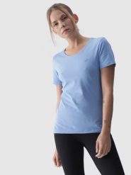 4F T-shirt slim gładki damski - niebieski M. Niebieskie t-shirty 4f, m, bez wzorów, z bawełny, bez kołnierzyka, bez ramiączek. Za 29.99 zł.