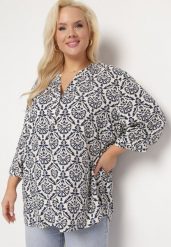 Biało-Granatowa Bluzka z Wiskozy z Rękawem 3/4 i Ornamentalnym Wzorem Belloma. Białe bluzki Born2be, xl, bez wzorów, z tkaniny, bez kołnierzyka, bez ramiączek. W wyprzedaży za 67.99 zł.