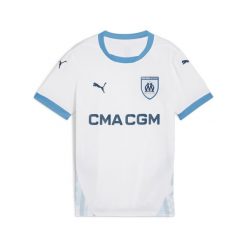 Młodzieżowa koszulka domowa Olympique Marsylia 24/25 PUMA White Bleu Azur Blue. Biała bluzki Puma, m, w ażurowe wzory, młodzieżowe, bez kołnierzyka, bez ramiączek. W wyprzedaży za 251.50 zł.
