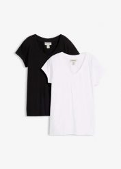 T-shirt z czystej bawełny organicznej (2 szt.). Czarne t-shirty bonprix, bez wzorów, z bawełny, bez kołnierzyka, bez ramiączek. Za 64.99 zł.