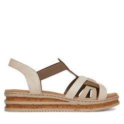 Sandały Rieker. Białe sandały Rieker, bez wzorów, bez obcasa, na koturnie, bez zapięcia. Za 239.99 zł.