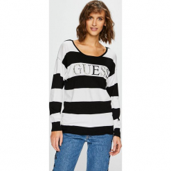 Guess Jeans - Sweter Guia. Czarne swetry Guess Jeans, s, z aplikacjami, z dzianiny, bez ramiączek. W wyprzedaży za 199.90 zł.