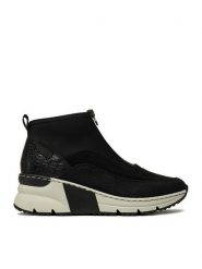 Rieker Botki N6352-00 Czarny. Czarne botki Rieker, bez wzorów, z materiału, bez obcasa, na koturnie, bez zapięcia. Za 229.99 zł.