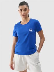 4F T-shirt regular z nadrukiem damski - niebieski XS. Niebieskie t-shirty 4f, xs, bez wzorów, z bawełny, bez kołnierzyka, bez ramiączek. W wyprzedaży za 29.99 zł.
