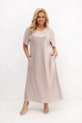 Wizytowa sukienka maxi Aurora szampański beż z połyskiem z lureksu na wesele PLUS SIZE OVERSIZE LATO. Czerwone sukienki Moda Size Plus Iwanek, na imprezę, na jesień, l, bez wzorów, z elastanu, eleganckie, bez kołnierzyka, plus size, bez ramiączek, maxi, dopasowane. Za 369.90 zł.