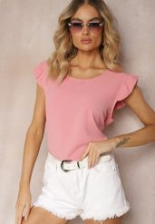 Różowa Koszulka Top bez Rękawów z Ozdobnymi Falbankami Wiollia. Czerwone topy Renee, xl, bez wzorów, z materiału, bez kołnierzyka, bez ramiączek. W wyprzedaży za 37.49 zł.
