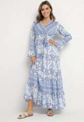 Niebieska Sukienka w Stylu Boho z Kopertowym Dekoltem z Bawełny i Wiskozy Soderia. Niebieskie sukienki Born2be, na co dzień, l, bez wzorów, z bawełny, boho, bez kołnierzyka, bez ramiączek, maxi, kopertowe. Za 119.99 zł.