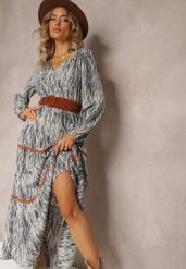 Szara Sukienka z Gumką w Pasie Nossi. Szare sukienki Renee, l, bez wzorów, z materiału, boho, bez kołnierzyka, bez ramiączek, maxi. Za 109.99 zł.