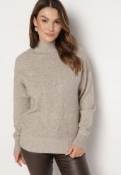 Ciemnobeżowy Sweter Golf z Ozdobnym Tłoczeniem Zakończony Ściągaczem Melodiea. Brązowe golfy Born2be, bez wzorów, z jeansu, bez ramiączek. Za 69.99 zł.
