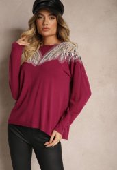 Fioletowy Sweter z Wiskozą Ozdobiony Koralikami i Cekinami Nevarita. Fioletowe swetry Renee, na zimę, m, bez wzorów, z wiskozy, bez ramiączek. Za 89.99 zł.