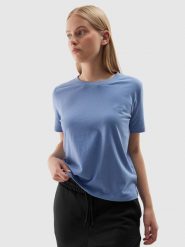 4F T-shirt regular gładki damski - niebieski XS. Niebieskie t-shirty 4f, xs, bez wzorów, z bawełny, bez kołnierzyka, bez ramiączek. W wyprzedaży za 29.99 zł.