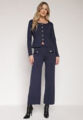 Granatowy Dzianinowy Komplet z Wiskozą w Eleganckim Stylu Kardigan i Spodnie Delisana. Niebieskie kardigany Born2be, m, bez wzorów, z dzianiny. Za 239.99 zł.