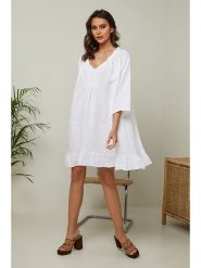 Fleur de Lin Lniana sukienka "Jasmine" w kolorze białym rozmiar: XL. Białe sukienki Fleur de Lin, xl, bez wzorów, ze lnu, bez kołnierzyka, bez ramiączek, mini. Za 189.29 zł.