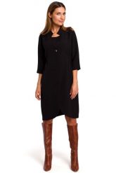 Czarna Elegancka Sukienka Żakietowa z Pagonami. Czarne sukienki MOE, l, bez wzorów, z elastanu, eleganckie, bez kołnierzyka, bez ramiączek. Za 293.90 zł.