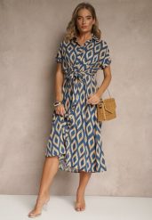 Niebieska Koszulowa Sukienka z Wiskozy Ozdobiona Geometrycznym Motywem Ralomia. Niebieskie sukienki Renee, na co dzień, m, bez wzorów, z wiskozy, eleganckie, bez kołnierzyka, bez ramiączek, maxi, koszulowe. W wyprzedaży za 71.99 zł.