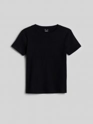 4F T-shirt slim z prążkowanej dzianiny damski - czarny L. Czarne t-shirty 4f, l, bez wzorów, z bawełny, bez kołnierzyka, bez ramiączek. Za 49.99 zł.