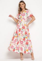 Biało-Różowa Sukienka Maxi z Gumką w Talii z Szerokimi Rękawami i Kwiatowym Printem Nodriala. Białe sukienki Born2be, na imprezę, na lato, l, bez wzorów, bez kołnierzyka, bez ramiączek, maxi. Za 79.99 zł.
