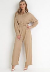 Beżowy Kombinezon z Paskiem Phynne. Brązowe sukienki Born2be, m, bez wzorów, z materiału, eleganckie, bez kołnierzyka, bez ramiączek. Za 229.99 zł.