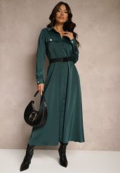 Zielona Satynowa Sukienka w Stylu Szmizjerki z Imitacjami Kieszeni i Paskiem Vaminay. Zielone sukienki Renee, l, bez wzorów, z satyny, eleganckie, bez kołnierzyka, bez ramiączek, maxi, kopertowe. Za 159.99 zł.