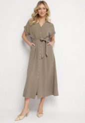 Zielona Sukienka z Bawełny o Koszulowym Kroju z Wiązanym Paskiem Elanitiela. Zielone sukienki Born2be, na co dzień, m, bez wzorów, z bawełny, eleganckie, bez kołnierzyka, bez ramiączek, maxi, koszulowe. Za 149.99 zł.