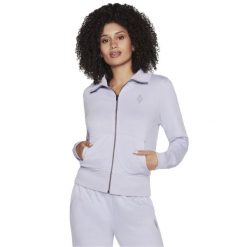 Bluza dresowa sportowa damska The Hoodless Hoodie Diamond Jacket. Fioletowe bluzy Skechers, xs, bez wzorów, z bawełny, bez kaptura. Za 199.99 zł.