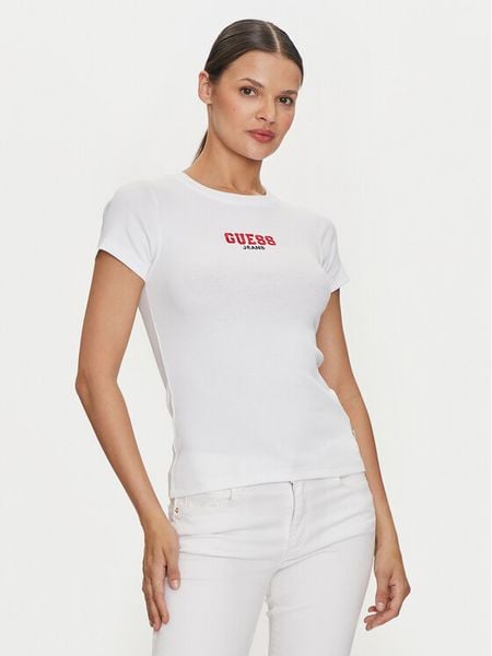 Guess Jeans T-Shirt W4YI64 KA0H1 Biały Slim Fit. Białe t-shirty Guess Jeans, m, z aplikacjami, z bawełny, bez kołnierzyka, bez ramiączek. Za 109.99 zł.