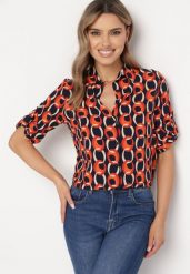 Pomarańczowo-Czarna Koszula z Bawełny i Wiskozy z Rękawem 3/4 i Ozdobnym Wzorem Tinari. Brązowe koszule Born2be, l, bez wzorów, z bawełny, bez kołnierzyka, bez ramiączek. Za 24.99 zł.