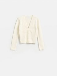 Kardigan z koronką - złamana biel. Kardigany Reserved, l, bez wzorów, z dzianiny. Za 139.99 zł.