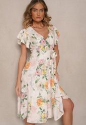 Beżowa Kopertowa Sukienka w Kwiaty Atesalia. Brązowe sukienki Renee, na co dzień, na wiosnę, m, bez wzorów, eleganckie, bez kołnierzyka, bez ramiączek, midi, kopertowe. Za 84.99 zł.