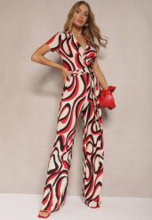 Czerwony Kopertowy Kombinezon z Wiązanym Paskiem w Abstrakcyjny Print Saralen. Czerwone sukienki Renee, na co dzień, m, bez wzorów, eleganckie, bez kołnierzyka, bez ramiączek, mini, kopertowe. Za 99.99 zł.