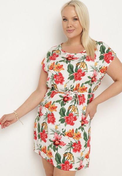 Biało-Czerwona Wiskozowa Sukienka w Kwiaty z Materiałowym Paskiem w Talii Claristi. Białe sukienki Born2be, na spotkanie biznesowe, plus size, bez wzorów, z materiału, eleganckie, bez kołnierzyka, plus size, bez ramiączek, midi. Za 29.99 zł.