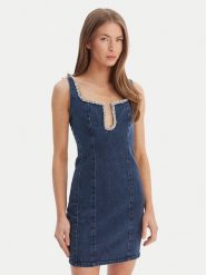 Guess Sukienka jeansowa W6RK69 D55M0 Niebieski Regular Fit. Niebieskie sukienki Guess, m, z aplikacjami, z jeansu, bez kołnierzyka, bez ramiączek. Za 759.99 zł.