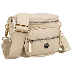Saszetka damska w beżowym kolorze wykonana ze skóry ekologicznej, zamykana suwakiem - Peterson. Brązowe torby na ramię Peterson, bez wzorów, ze skóry ekologicznej, bez dodatków. Za 71.99 zł.