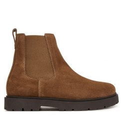 Sztyblety Birkenstock. Brązowe botki Birkenstock, bez wzorów, bez obcasa, na płaskiej podeszwie, bez zapięcia. Za 854.99 zł.