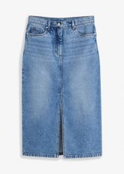 Spódnica dżinsowa z rozcięciem. Niebieskie spódnice bonprix, bez wzorów, eleganckie, midi. Za 139.99 zł.