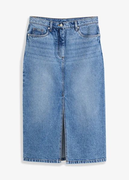 Spódnica dżinsowa z rozcięciem. Niebieskie spódnice bonprix, bez wzorów, eleganckie, midi. Za 139.99 zł.