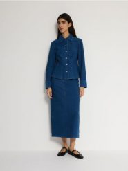 Jeansowa koszula z zaszewkami - indigo jeans. Niebieskie koszule Reserved, l, bez wzorów, z bawełny, bez kołnierzyka, bez ramiączek. W wyprzedaży za 99.99 zł.