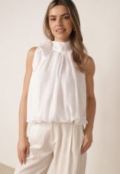 Biała Elegancka Bluzka z Wiskozy Ozdobiona Wiązaniem Nemereia. Białe bluzki Born2be, bez wzorów, z elastanu, boho, bez kołnierzyka, bez ramiączek. Za 119.99 zł.