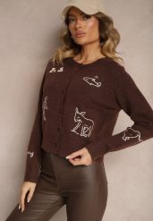 Ciemnobrązowy Kardigan z Wełną na Guziki z Haftowanym Wzorem Nelyra. Brązowe kardigany Renee, uniwersalny, bez wzorów, z jeansu. Za 159.99 zł.