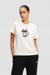 KARL LAGERFELD Beżowy damski t-shirt Ikon Sketch Choupette. Brązowe t-shirty KARL LAGERFELD, s, bez wzorów, bez kołnierzyka, bez ramiączek. W wyprzedaży za 179.99 zł.