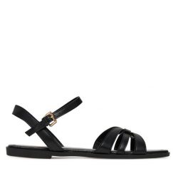 Sandały JENNY. Czarne sandały Jenny, bez wzorów, bez obcasa, na płaskiej podeszwie, bez zapięcia. Za 159.99 zł.