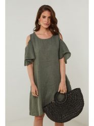 Rodier Lin Lniana sukienka w kolorze khaki rozmiar: S/M. Brązowe sukienki Rodier Lin, m, bez wzorów, ze lnu, bez kołnierzyka, bez ramiączek, midi. Za 191.45 zł.