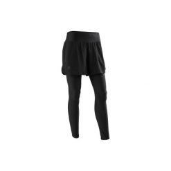 Legginsy/szorty 2 w 1 do biegania RUN DRY+ damskie. Czarne legginsy KALENJI, l, bez wzorów, z elastanu. Za 79.99 zł.