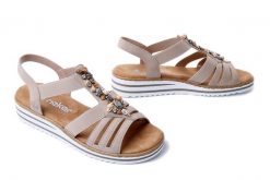 RIEKER V0649-62 beige, sandały damskie. Brązowe sandały Rieker, bez wzorów, bez obcasa, na koturnie, bez zapięcia. Za 319.90 zł.