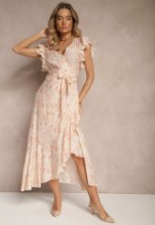 Różowa Asymetryczna Sukienka z Bawełny z Falbankami i Kwiatowym Printem Lommea. Czerwone sukienki Renee, na co dzień, l, bez wzorów, z bawełny, eleganckie, z asymetrycznym kołnierzem, bez ramiączek, midi, asymetryczne. Za 109.99 zł.