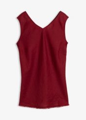 Top z czystego lnu. Czerwone topy bonprix, bez wzorów, bez kołnierzyka, bez ramiączek. Za 64.99 zł.