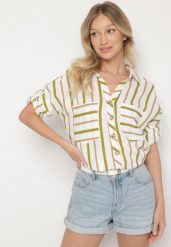 Biało-Zielona Koszula z Bawełny w Paski Adserie. Białe koszule Born2be, m, bez wzorów, z bawełny, eleganckie, bez kołnierzyka, bez ramiączek. Za 79.99 zł.